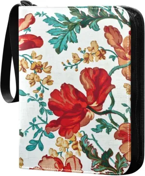 Exnundod Colorful Retro Red Flowers Trading Card Binder for Cards, Card Album 4-Pockets for 400 Cards with Removable Sleeves PU Baseball Card Holder Football Sports Card Collection