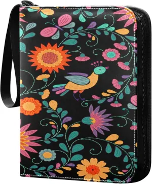 Exnundod Ethnic Floral Bird Trading Card Binder for Cards, Ethnic Colorful Flower Pattern Card Album 4-Pockets for 400 Cards with Removable Sleeves PU Baseball Card Holder Football Spo