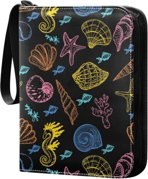Exnundod Sea Colorful Cute Shells Trading Card Binder for Cards, Card Album 4-Pockets for 400 Cards with Removable Sleeves PU Baseball Card Holder Football Sports Card Collection