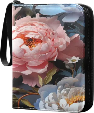 Exnundod Sport Card Binder Colorful Peonies 4 Pocket Trading Card Binder PU Leather Card Collection Vintage Watercolor 400 Cards Organizer Trading Card Albums for Sports Game Card