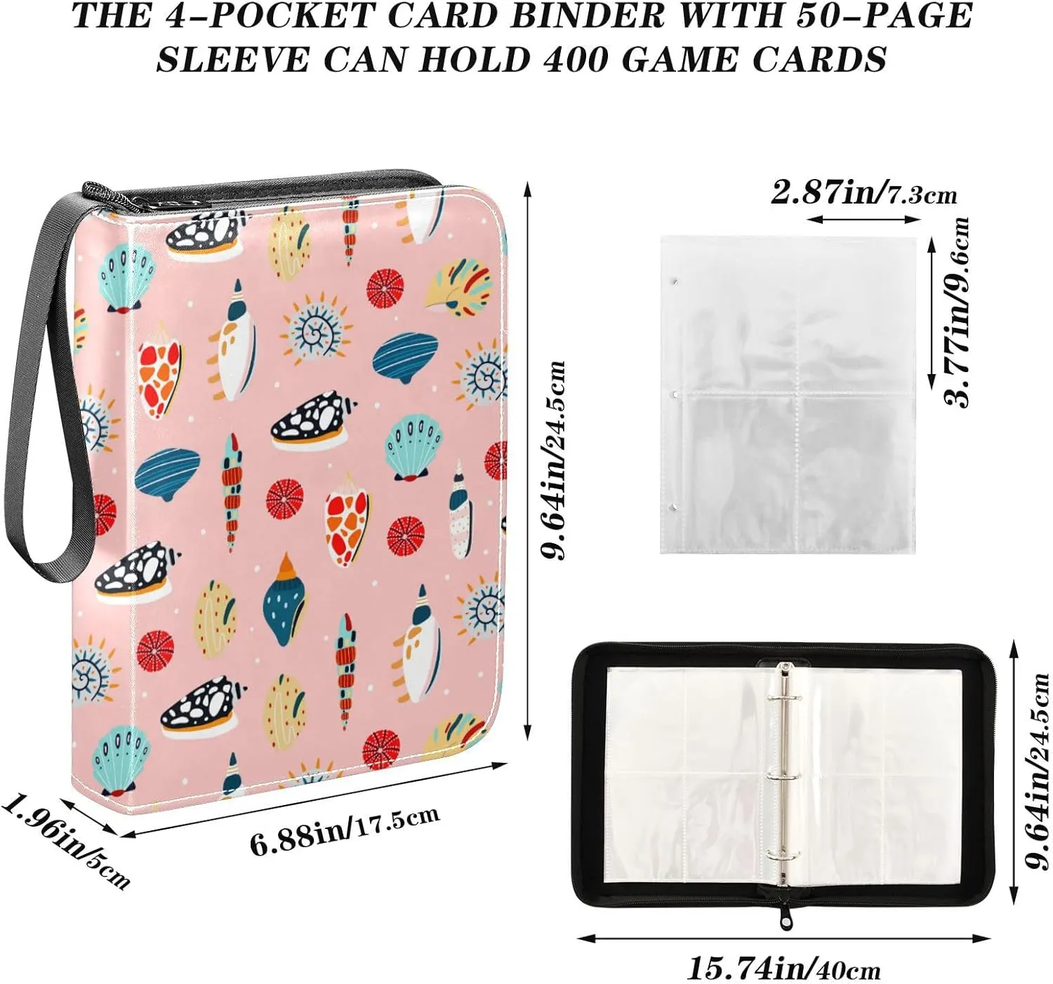 Exnundod Trading Card Binder for Cards Colorful Differents Shells Card Album 4-Pockets 400 Cards Cute Removable Sleeves PU Baseball Card Holder Football Sports Card Collection