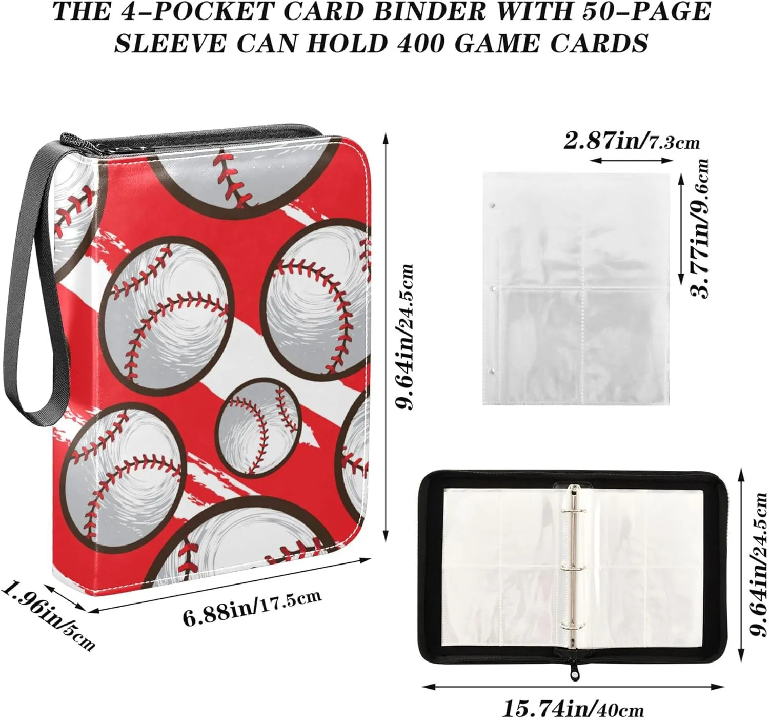 Exnundod Urban Style Baseball Trading Card Binder for Cards, Colorful Card Album 4-Pockets for 400 Cards with Removable Sleeves PU Baseball Card Holder Football Sports Card Collection