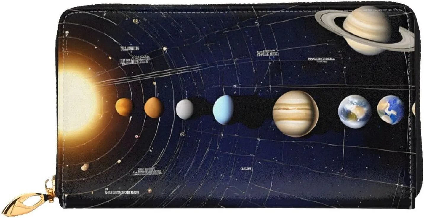 Exploring The Solar System Print Men'S And Women'S Leather Wallet,Mobile Phone Bag,Soft Leather Printed Zipper Coin Purse,Multi Card Slot Wallet