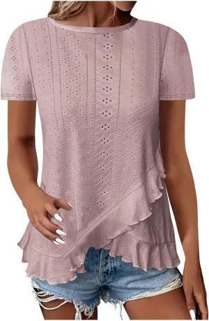 Eyelet Shirts for Women Short Sleeve Casual Solid Color Tops Fashion Loose Crew Neck T-Shirts Summer Clothes