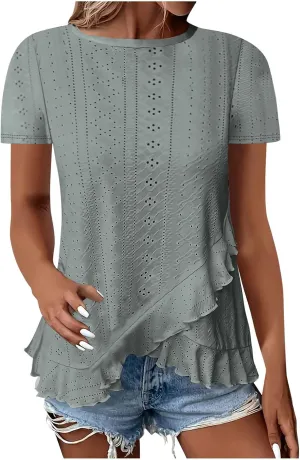 Eyelet Shirts for Women Short Sleeve Casual Solid Color Tops Fashion Loose Crew Neck T-Shirts Summer Clothes
