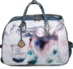 Fairy Tale Leather Travel Duffle Bag with Wheel - Women's Rolling Overnight Luggage Tote with Artistic Design (Green)