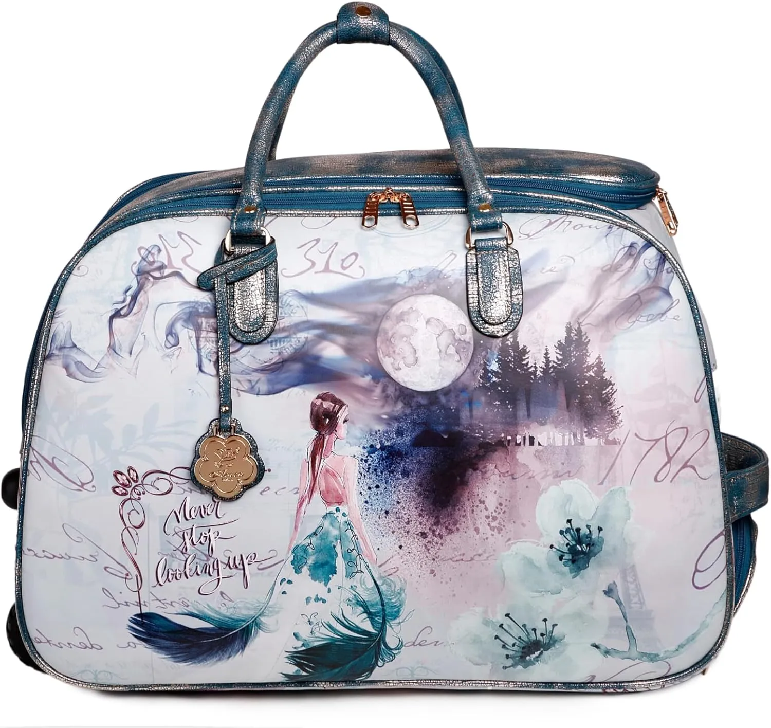 Fairy Tale Leather Travel Duffle Bag with Wheel - Women's Rolling Overnight Luggage Tote with Artistic Design (Green)