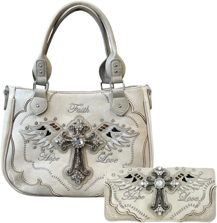 Faith Love Hope Purse and Wallet Set - Angel Wings Cross Bag for Women