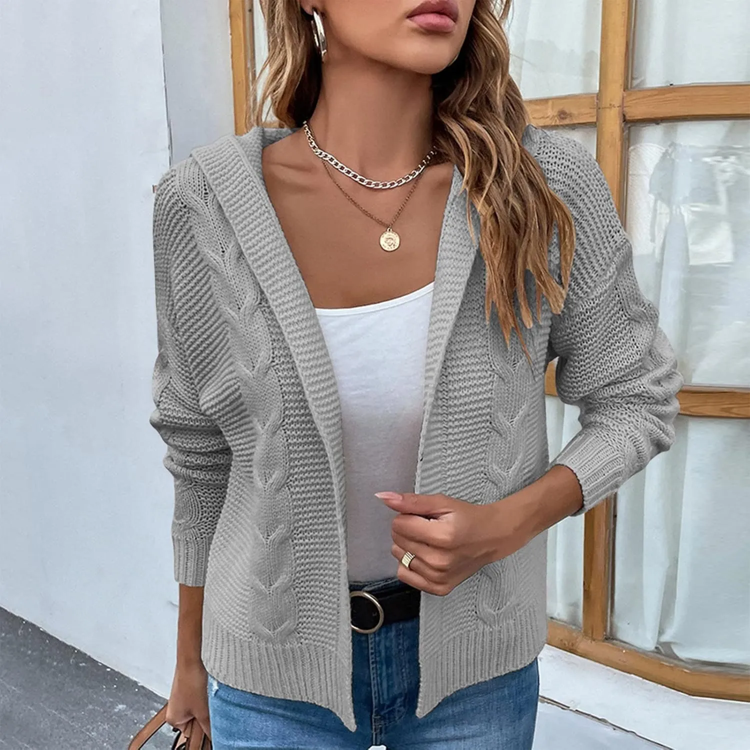 Fall Sweaters for Women Solid Color Knit Cardigan Sweater Jacket Nautical Sweaters Women One Shoulder Loose
