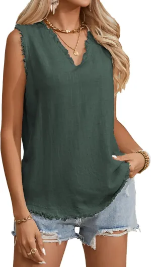 Famulily Womens Sleeveless Ruffled V Neck Tops Summer Linen Tank Tops Solid Color Raw Edge Hem Camisoles