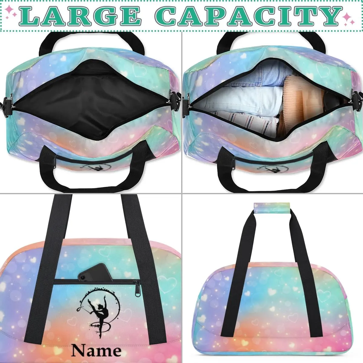 Fantasy Artistic Gymnastics Personalized Duffle Bag for Kids Custom Dance Ballet Bag with Name Lightweight Travel Weekender Overnight Bags Sport Gym Duffel Bag Workout Carry On Tote for Girls Boys