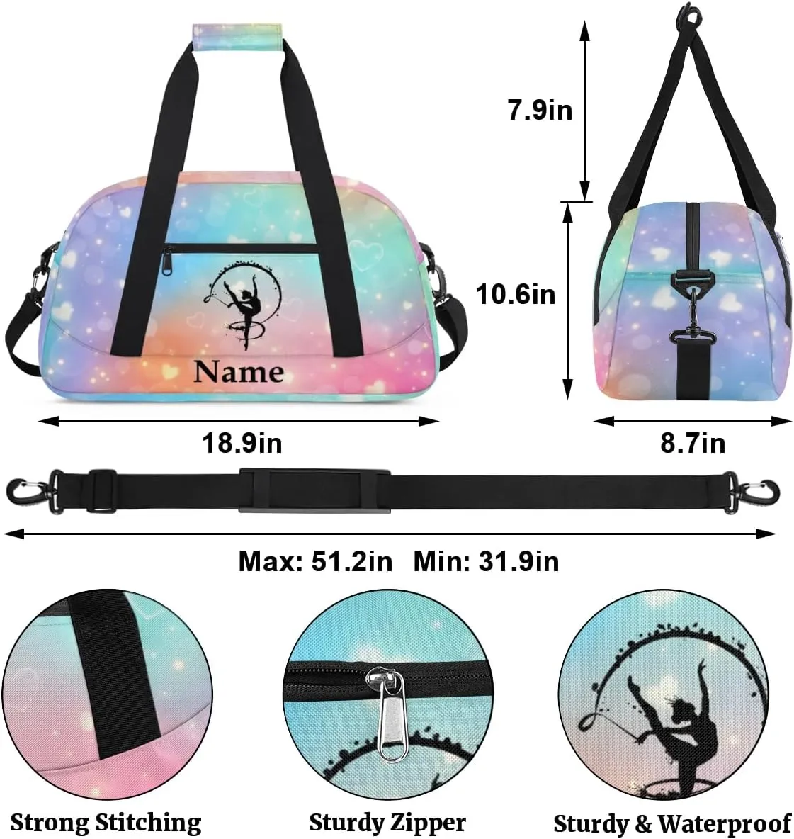 Fantasy Artistic Gymnastics Personalized Duffle Bag for Kids Custom Dance Ballet Bag with Name Lightweight Travel Weekender Overnight Bags Sport Gym Duffel Bag Workout Carry On Tote for Girls Boys