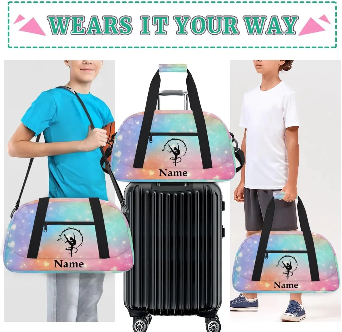Fantasy Artistic Gymnastics Personalized Duffle Bag for Kids Custom Dance Ballet Bag with Name Lightweight Travel Weekender Overnight Bags Sport Gym Duffel Bag Workout Carry On Tote for Girls Boys