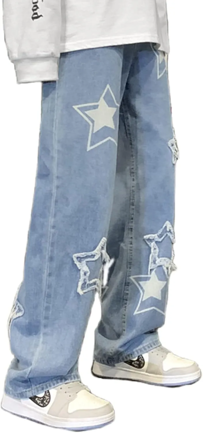 FantasyGears Star Jeans Y2k Men Hip Hop Baggy Pants Straight Leg Graphic Denim Joggers Loose Fit Jeans Streetwear