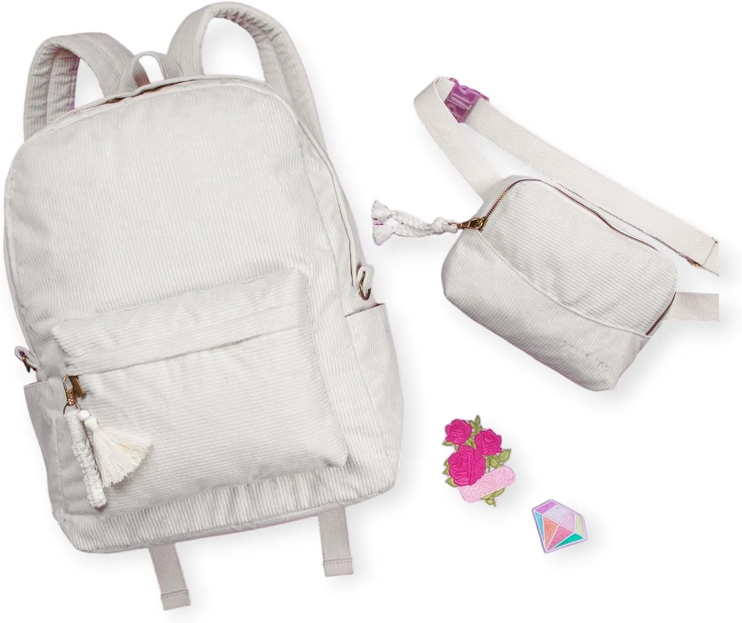 Fashion Angels Style.Lab Backpack for Kids, Corduroy Travel Bookbag with Matching Belt Bag, Cute & Stylish Design, Ideal for Girls & Boys in School, White