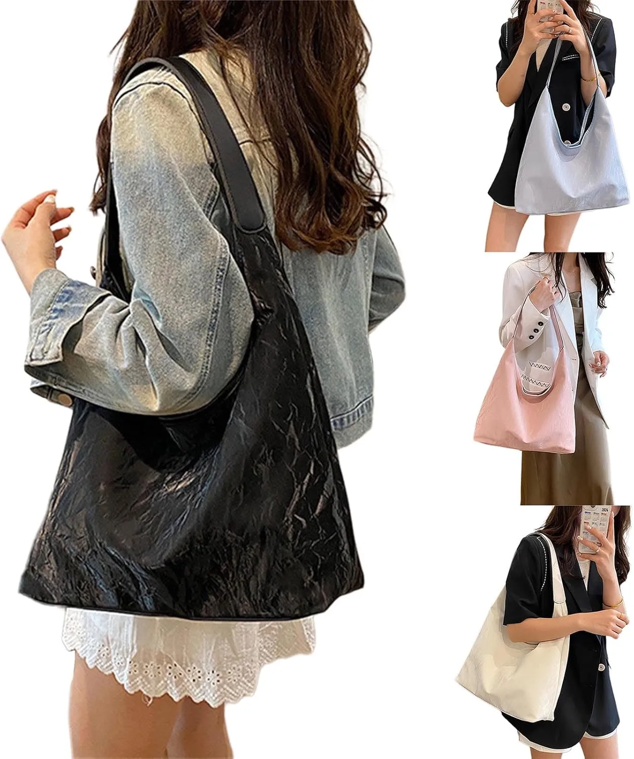Fashion Women Large Capacity PU Leather Underarm Bag Textured Solid Color Shoulder Bag Casual Travel Shopping Handbag