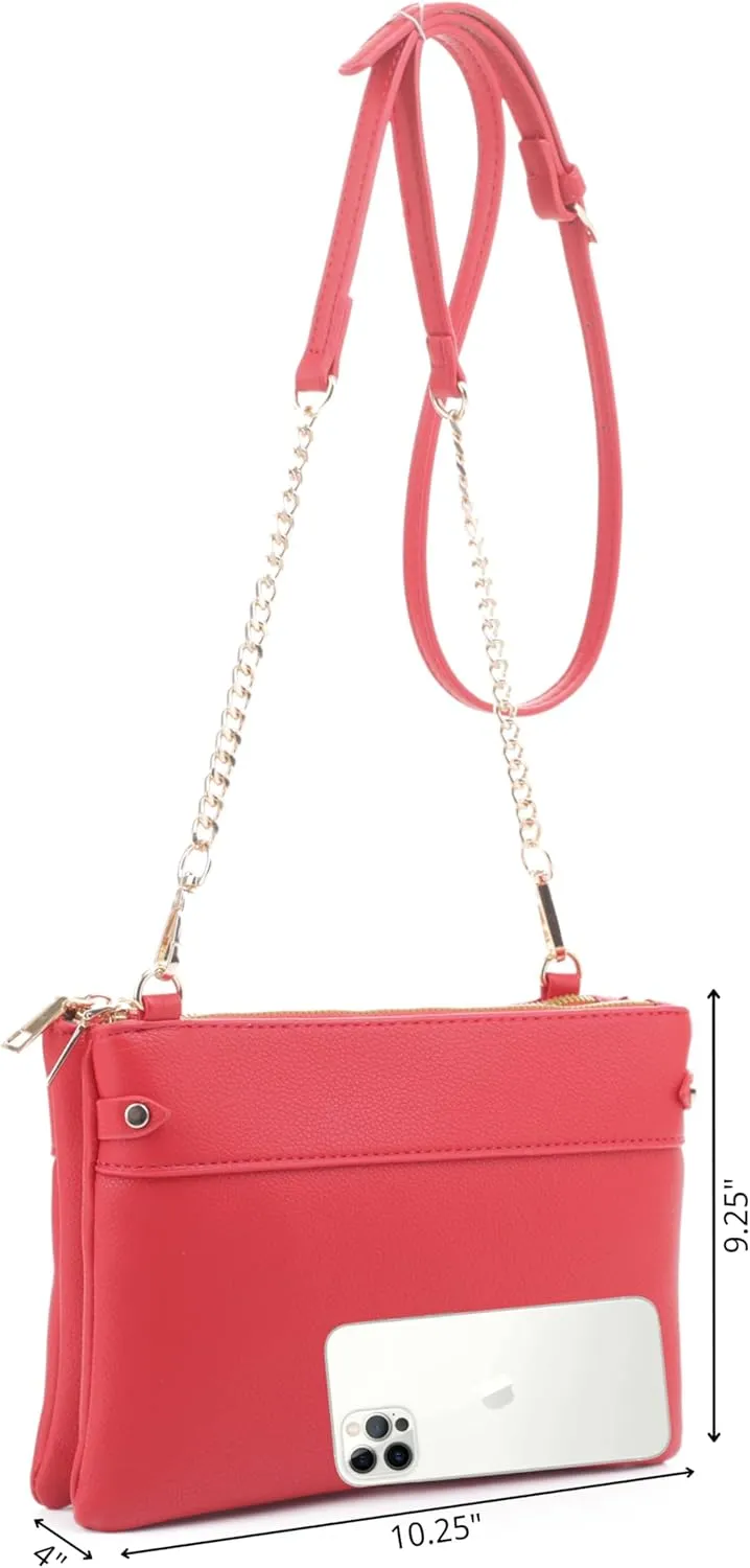 Faux Leather Crossbody Bag with Multiple Compartments, Detachable Chain Strap