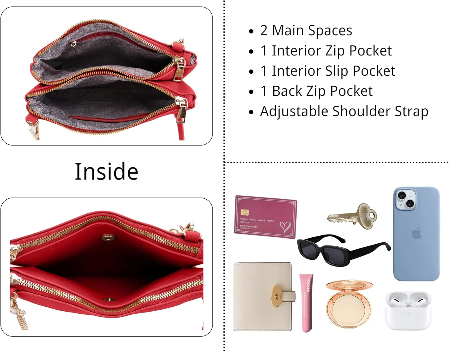 Faux Leather Crossbody Bag with Multiple Compartments, Detachable Chain Strap