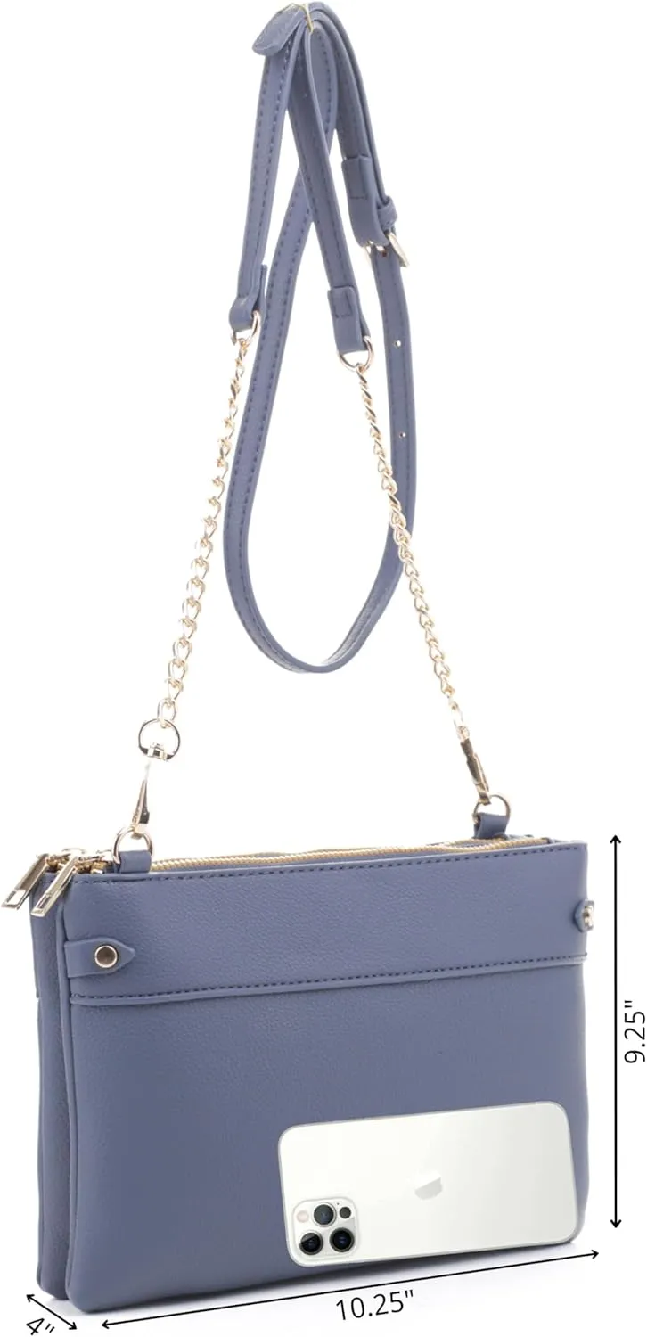 Faux Leather Crossbody Bag with Multiple Compartments, Detachable Chain Strap