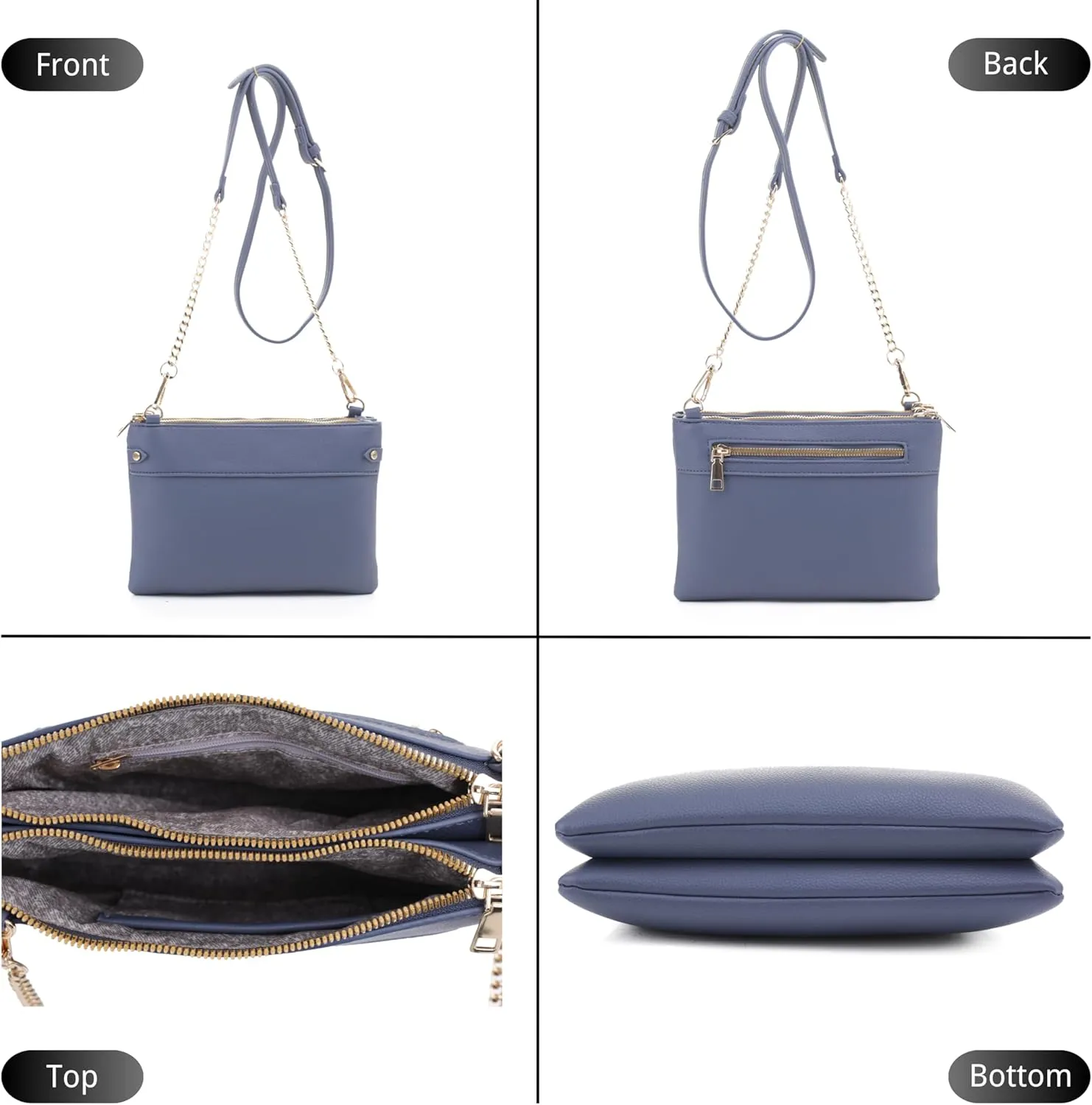 Faux Leather Crossbody Bag with Multiple Compartments, Detachable Chain Strap