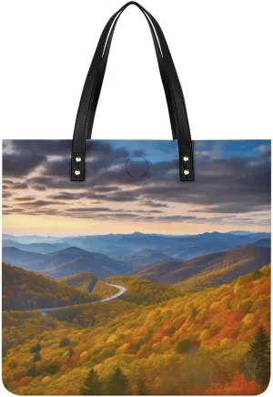 Faux Leather Hangbag for Women,Blue Ridge Parkway Mountains Print Tote Bags,Leather Big Purses And Handbags for Work Dating Travel Shopping