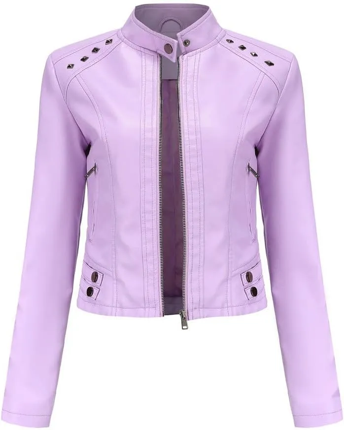 Faux Leather Jacket for Women Stand Collar Outwear Full Zip Up Moto Jackets Slim Fit Jackets Long Sleeve Coat