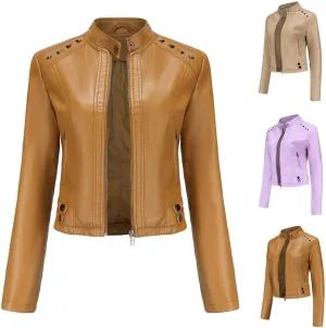 Faux Leather Jacket for Women Stand Collar Outwear Full Zip Up Moto Jackets Slim Fit Jackets Long Sleeve Coat