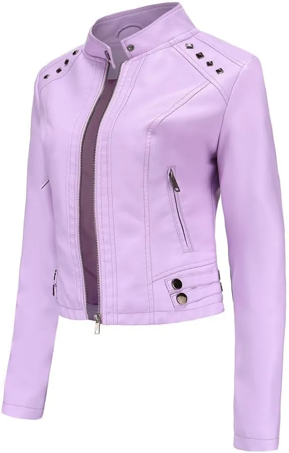 Faux Leather Jacket for Women Stand Collar Outwear Full Zip Up Moto Jackets Slim Fit Jackets Long Sleeve Coat