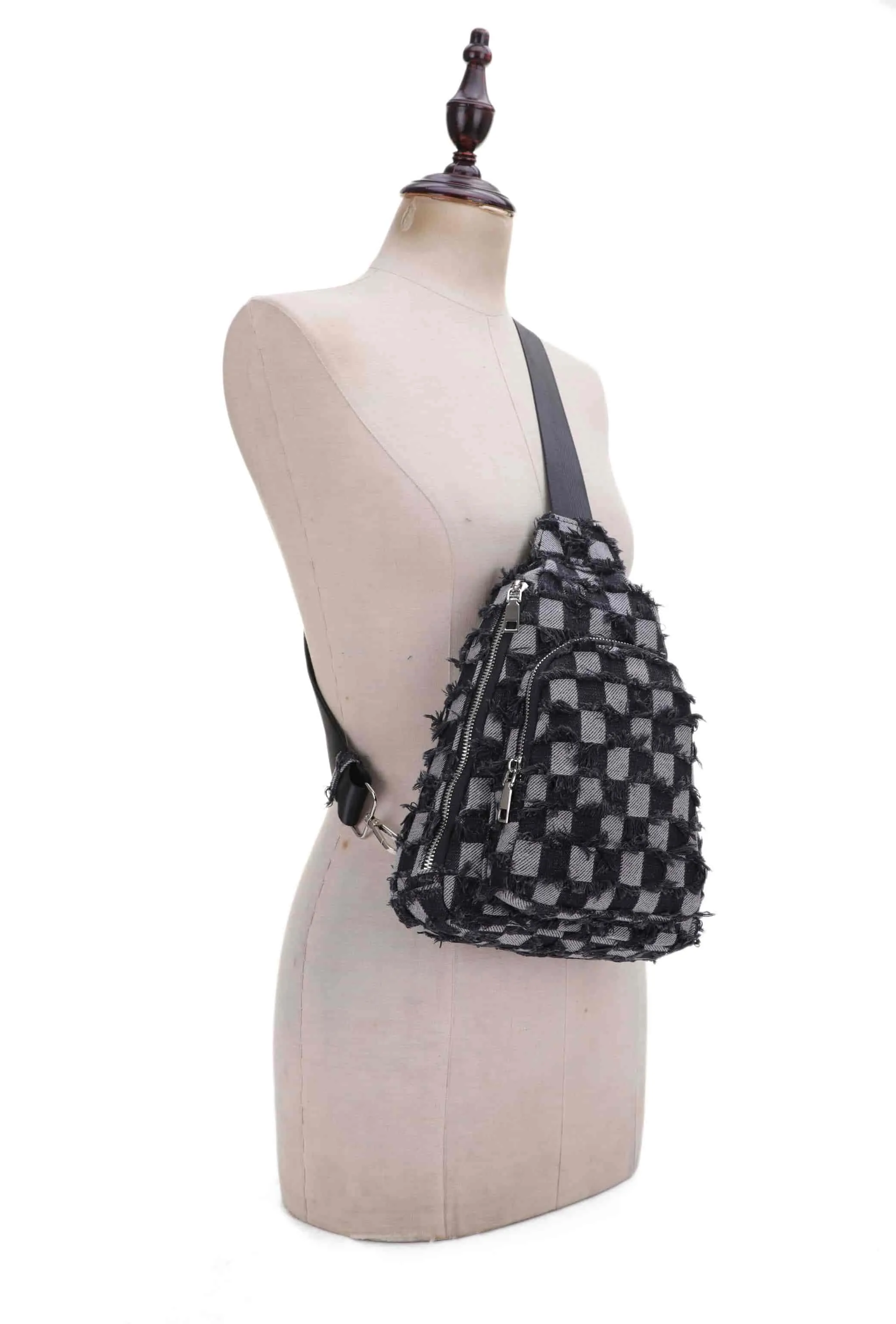 Faye Distressed Checkered Denim Sling
