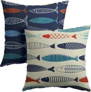 Fish Throw Pillow Covers Decorative Cotton Linen Pillowcases Colorful Fish Pillow Case Set of 2 Nautical Theme Square Cushion Covers for Sofa Bedroom Couch Home Outdoors