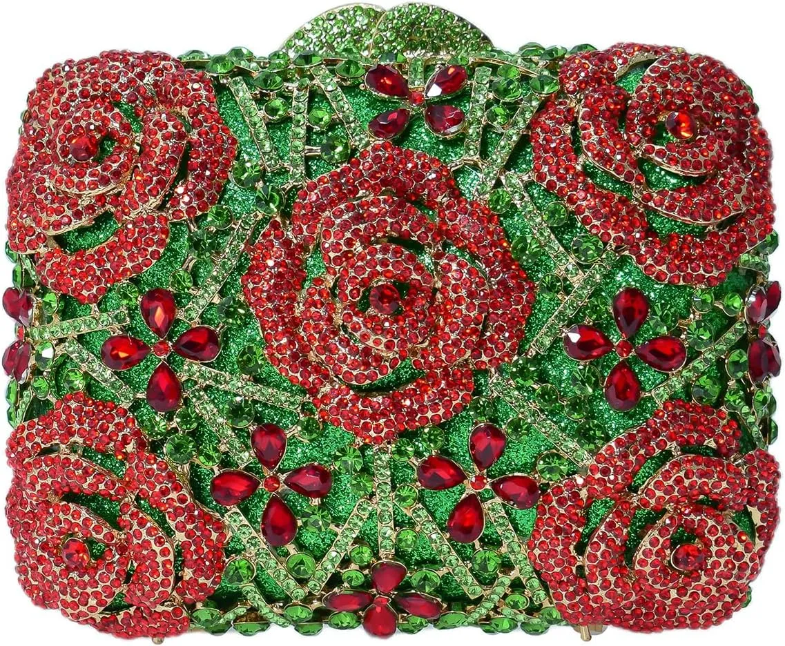 Five Rose Flowers Box Crystal Clutch Elegant Formal Wedding Bridal Evening Bags for Women Rhinestone Handbags Purse
