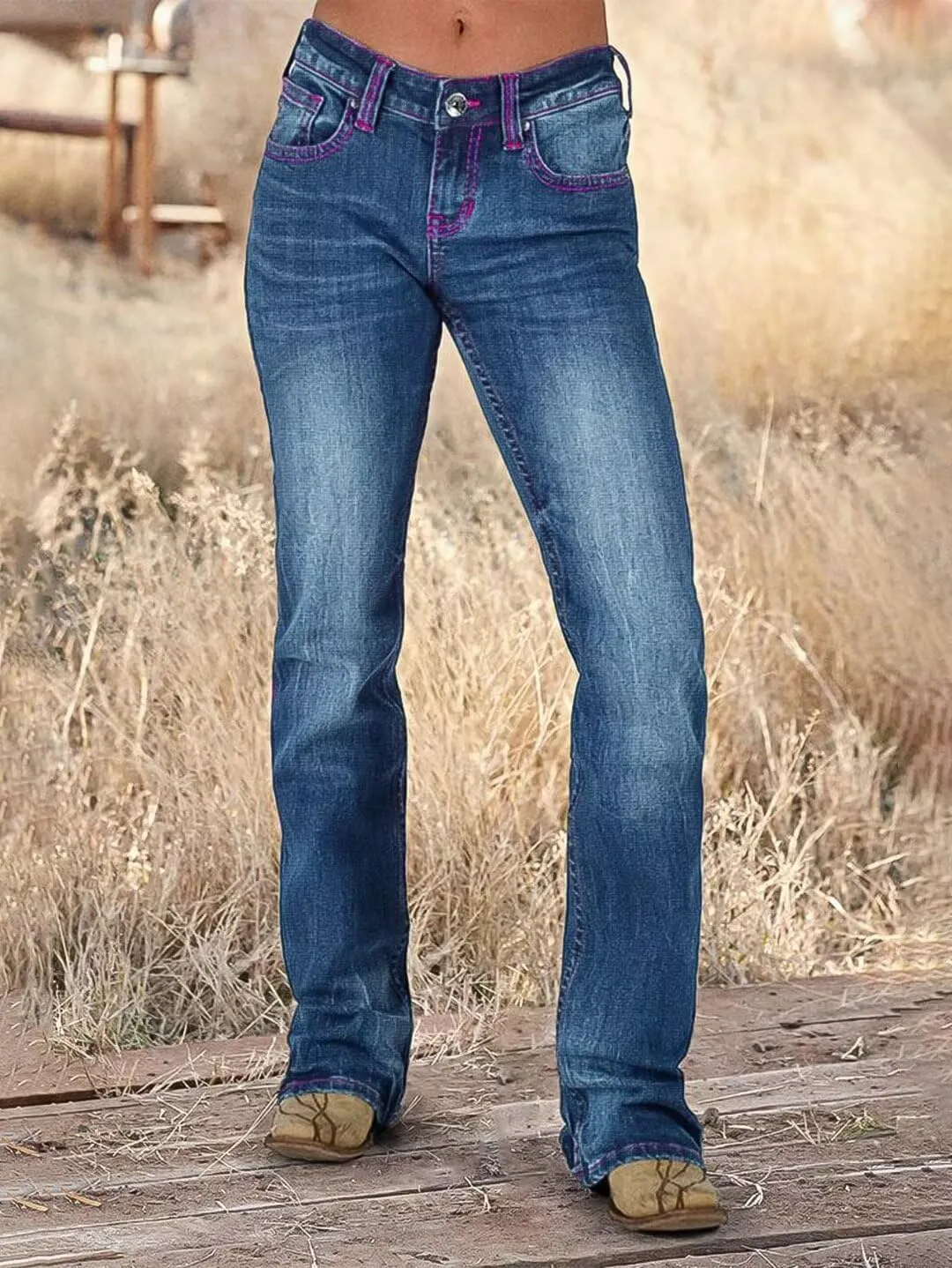 Flamingals Boot Cut Jeans for Women Embroidery Mid Waist Wash Tummy Control Jean Flare Stretchy Jeans Denim Jeans