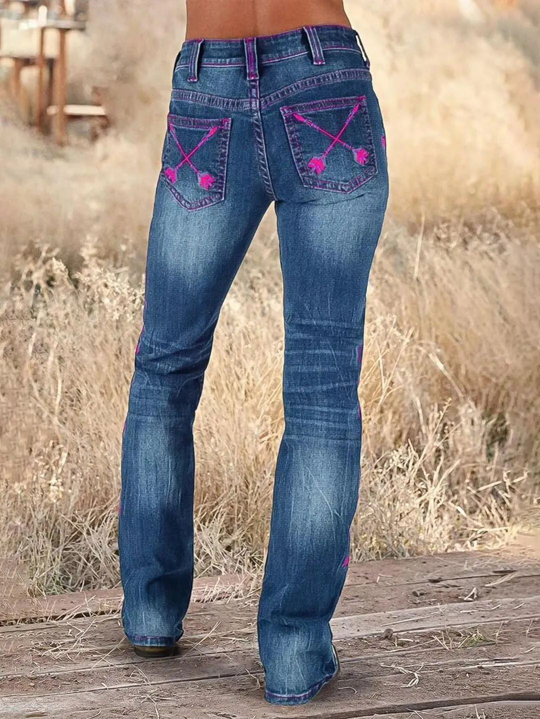Flamingals Boot Cut Jeans for Women Embroidery Mid Waist Wash Tummy Control Jean Flare Stretchy Jeans Denim Jeans