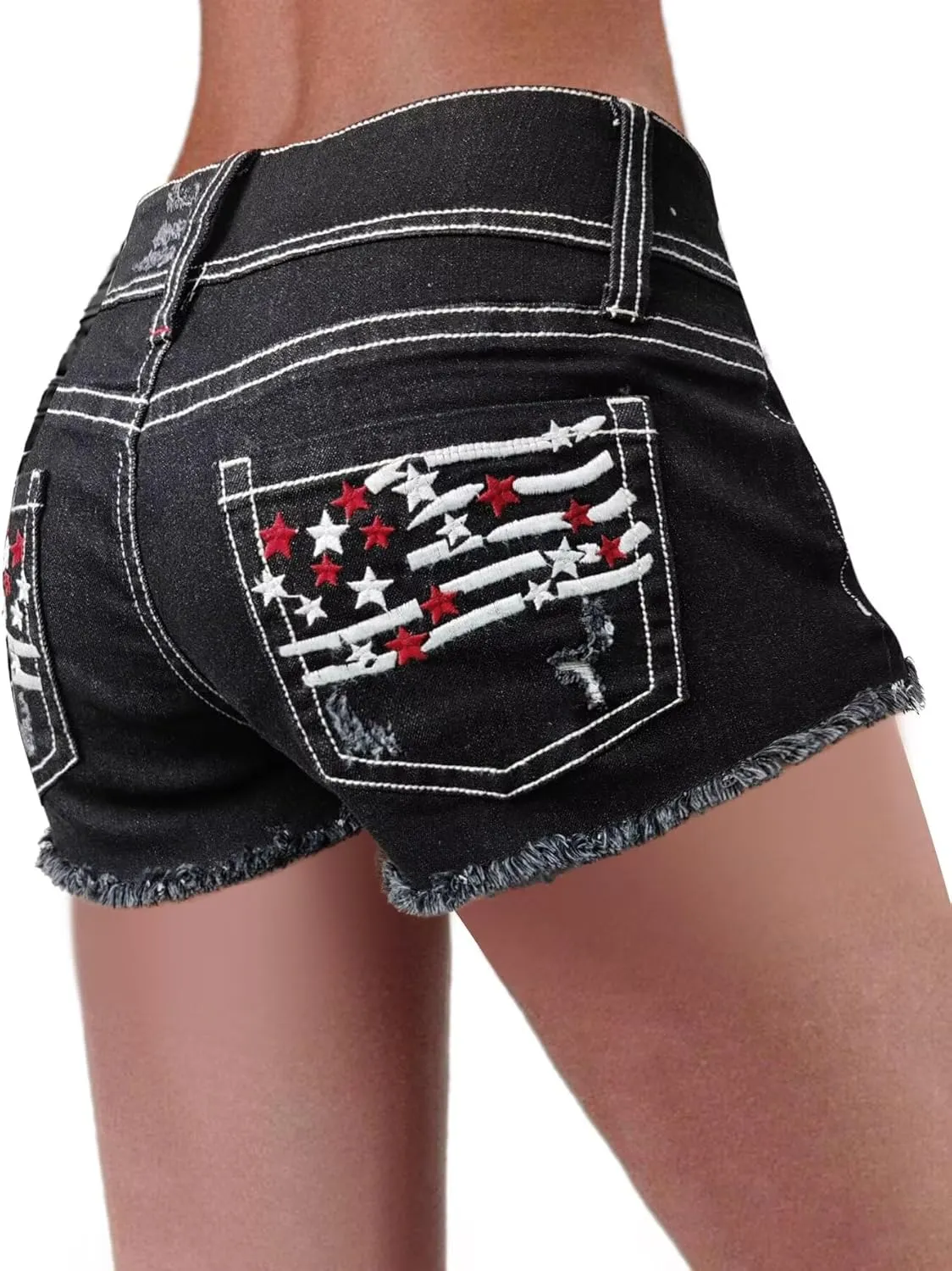 Flamingals Distressed Jean Shorts for Women High Waist American Flag Button Fly Raw Hem Denim Shorts