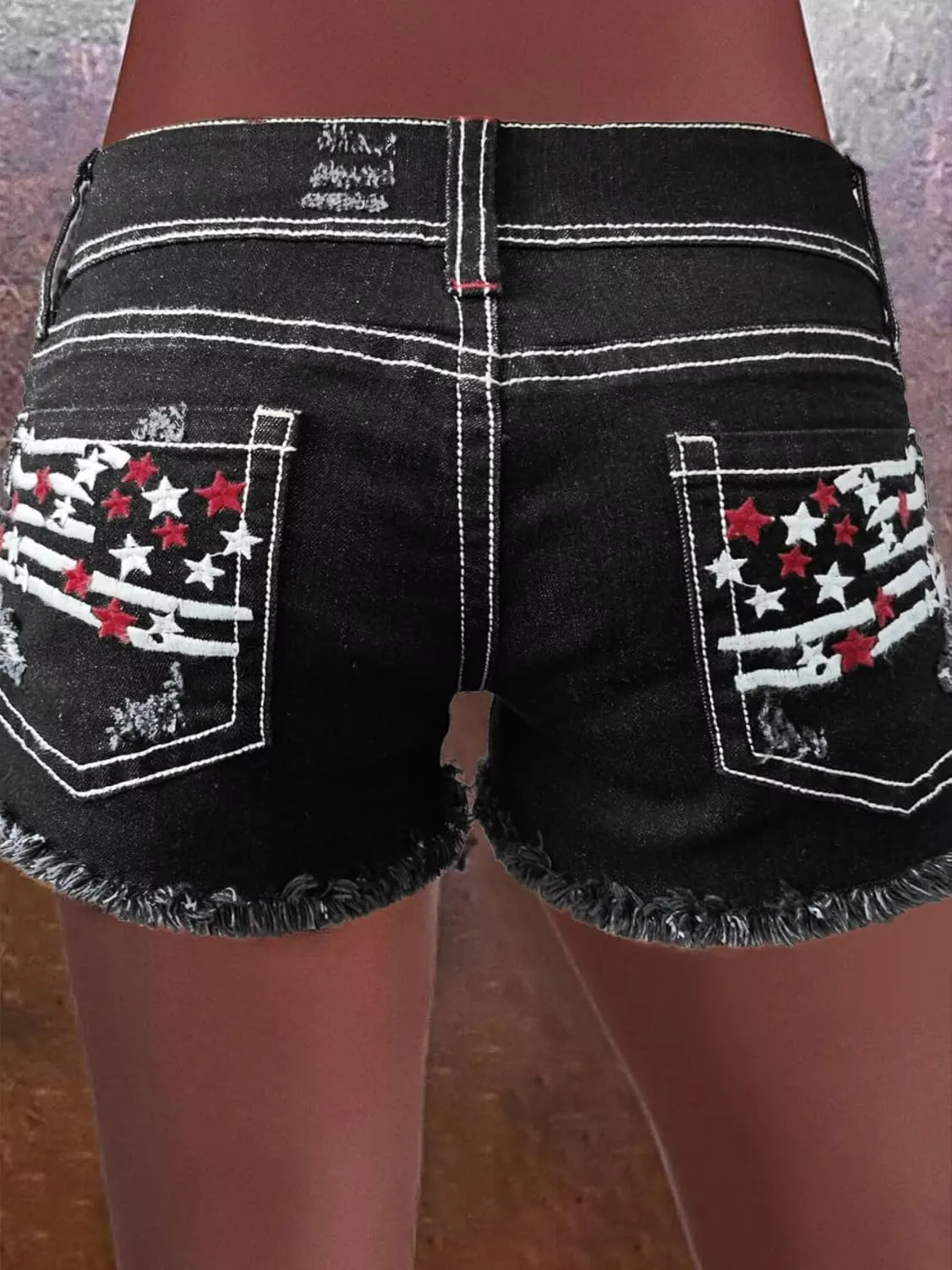 Flamingals Distressed Jean Shorts for Women High Waist American Flag Button Fly Raw Hem Denim Shorts