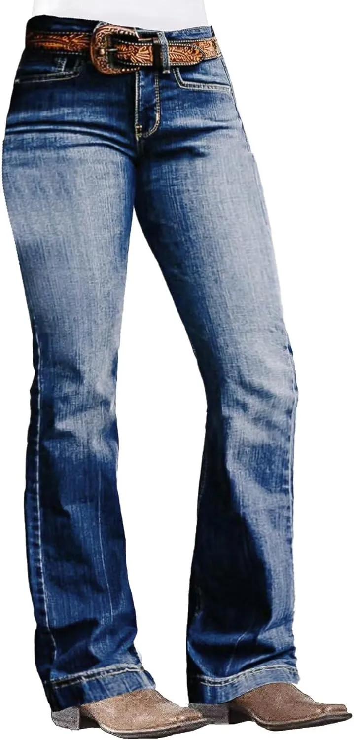 Flamingals Mid Waist Boot Cut Jeans for Women Straight Leg Jeans Cowgirl Trendy Jeans Denim Pants
