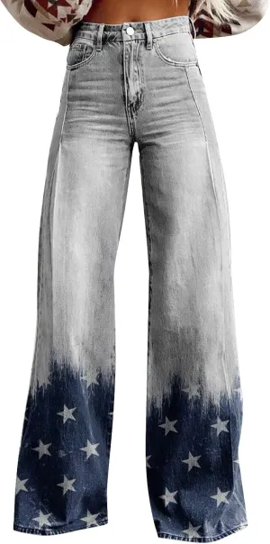Flare Jeans for Women Wide Leg Baggy Pants Vintage Floral Print High Waisted Straight Stretch Pants with Pockets
