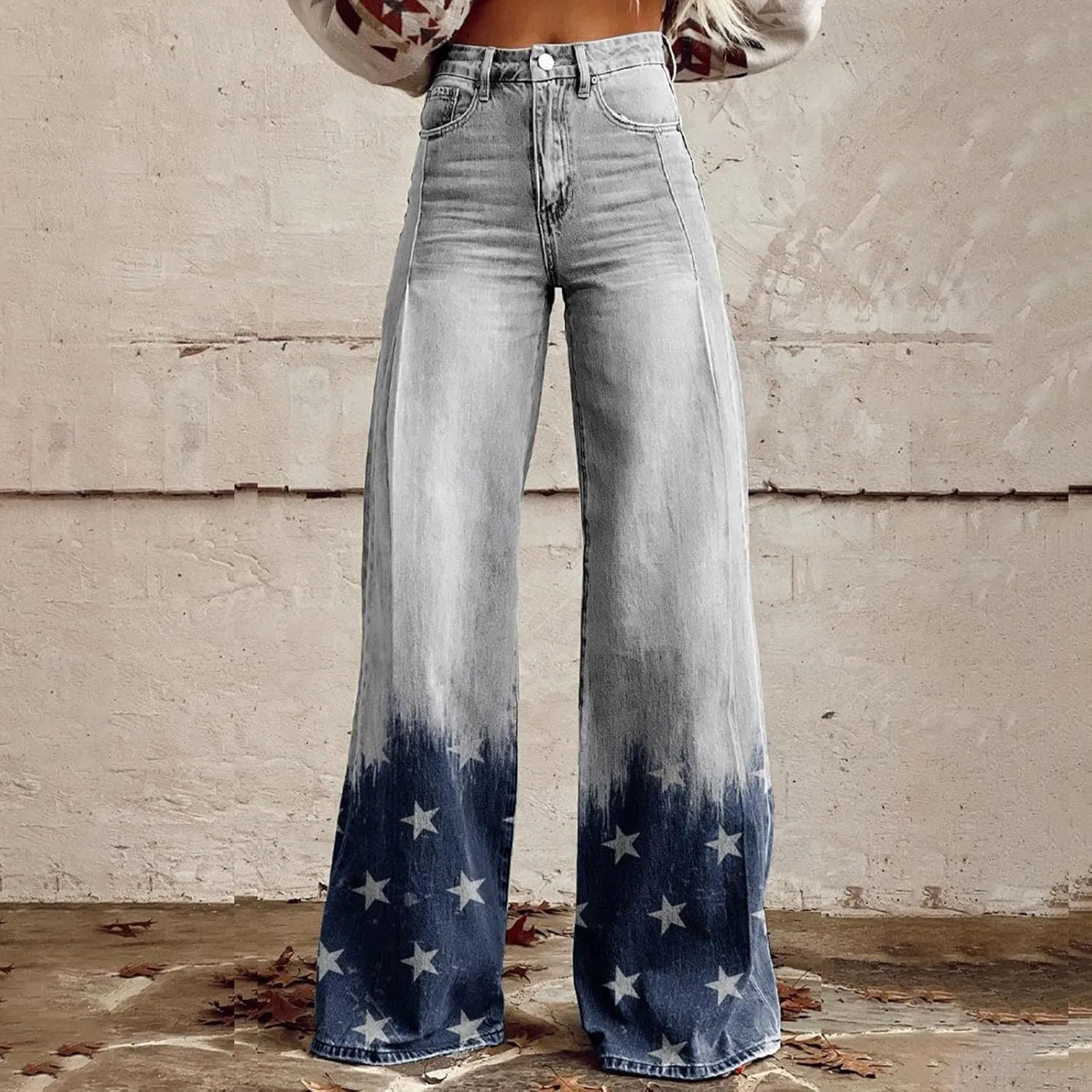 Flare Jeans for Women Wide Leg Baggy Pants Vintage Floral Print High Waisted Straight Stretch Pants with Pockets