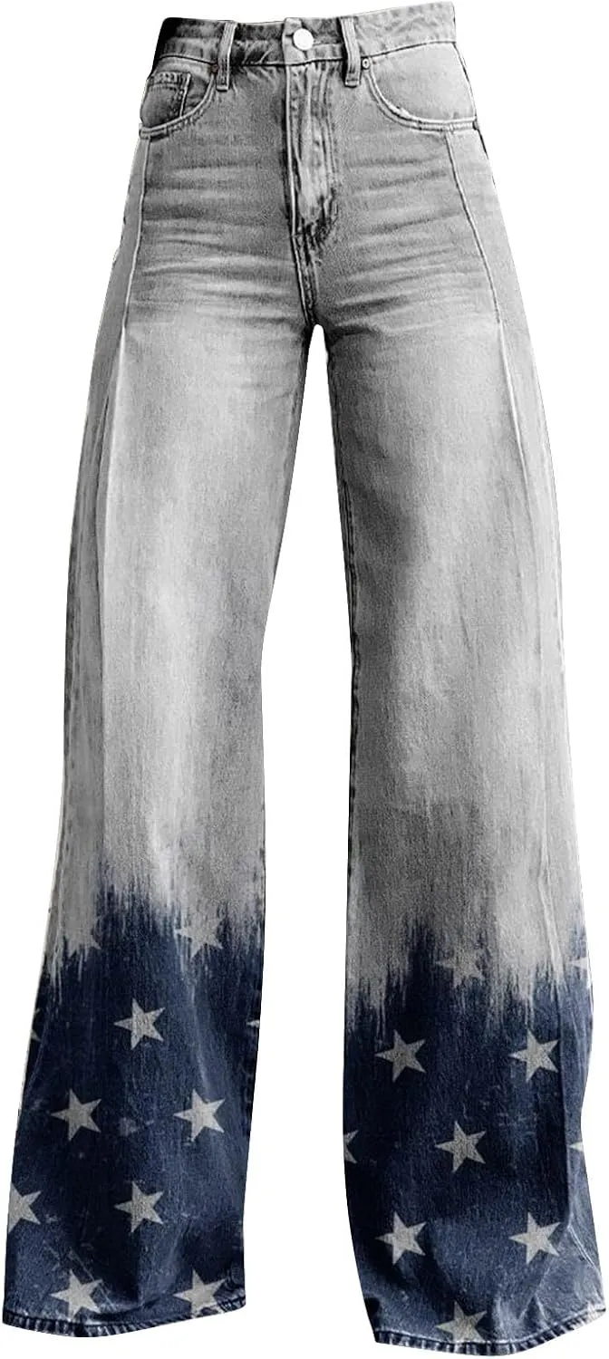 Flare Jeans for Women Wide Leg Baggy Pants Vintage Floral Print High Waisted Straight Stretch Pants with Pockets