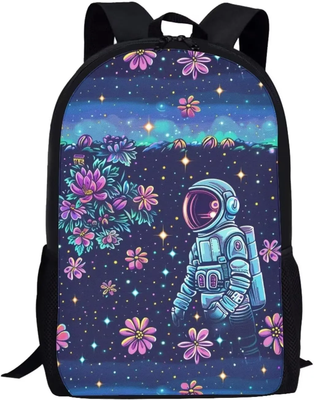 Floral Astronaut Print Pixel Art 17 Inch Backpack for Students，Teenager Bag，School Travel Hiking Daily Use