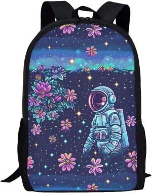 Floral Astronaut Print Pixel Art 17 Inch Backpack for Students，Teenager Bag，School Travel Hiking Daily Use