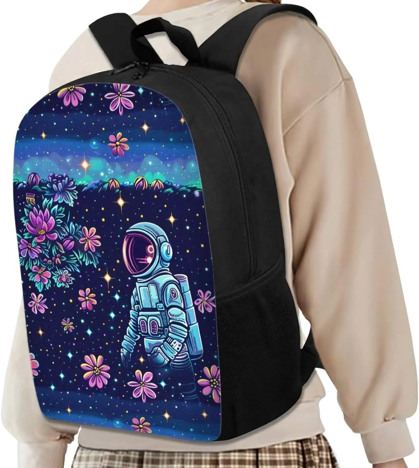 Floral Astronaut Print Pixel Art 17 Inch Backpack for Students，Teenager Bag，School Travel Hiking Daily Use