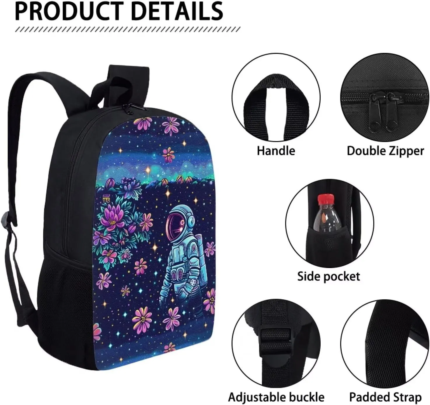 Floral Astronaut Print Pixel Art 17 Inch Backpack for Students，Teenager Bag，School Travel Hiking Daily Use