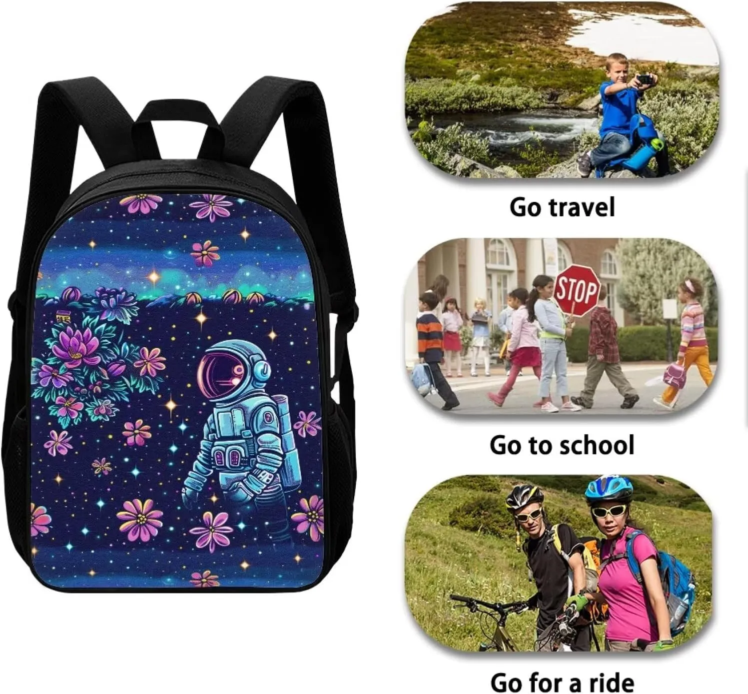 Floral Astronaut Print Pixel Art 17 Inch Backpack for Students，Teenager Bag，School Travel Hiking Daily Use
