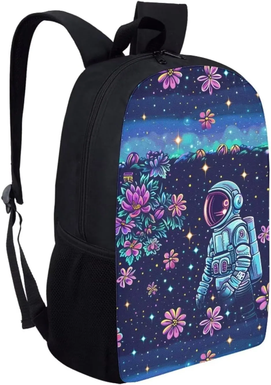 Floral Astronaut Print Pixel Art 17 Inch Backpack for Students，Teenager Bag，School Travel Hiking Daily Use