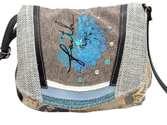 Floral Faith Messenger Bag, Embroidered Flower Crossbody, Upcycled Leather Purse, Handmade Embroidered Purse