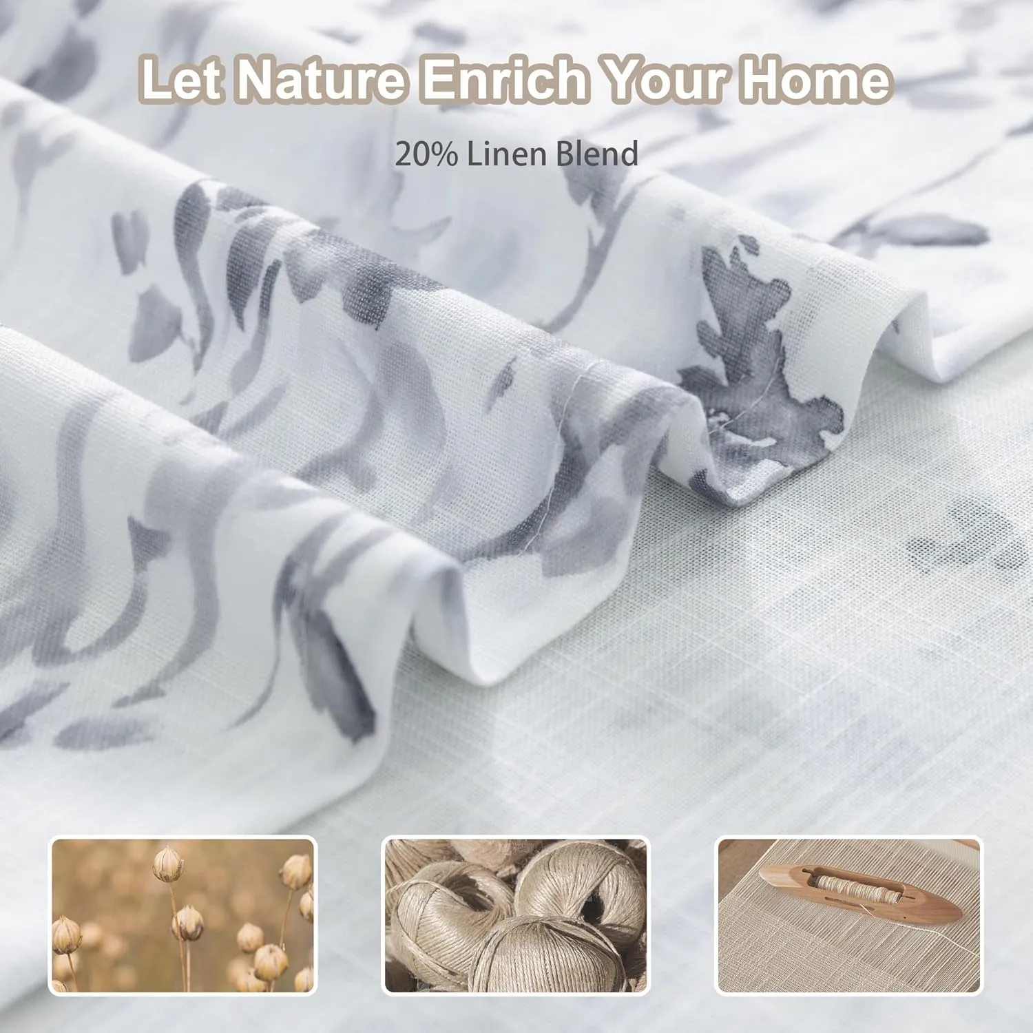 Floral Linen Curtains 108 Inches Long for Living Dining Room White Patterned Curtains Grey Printed Burlap Textured Rustic Farmhouse Country Curtain Extra Long Lilac Flower Drapes 2 Panels Grommet