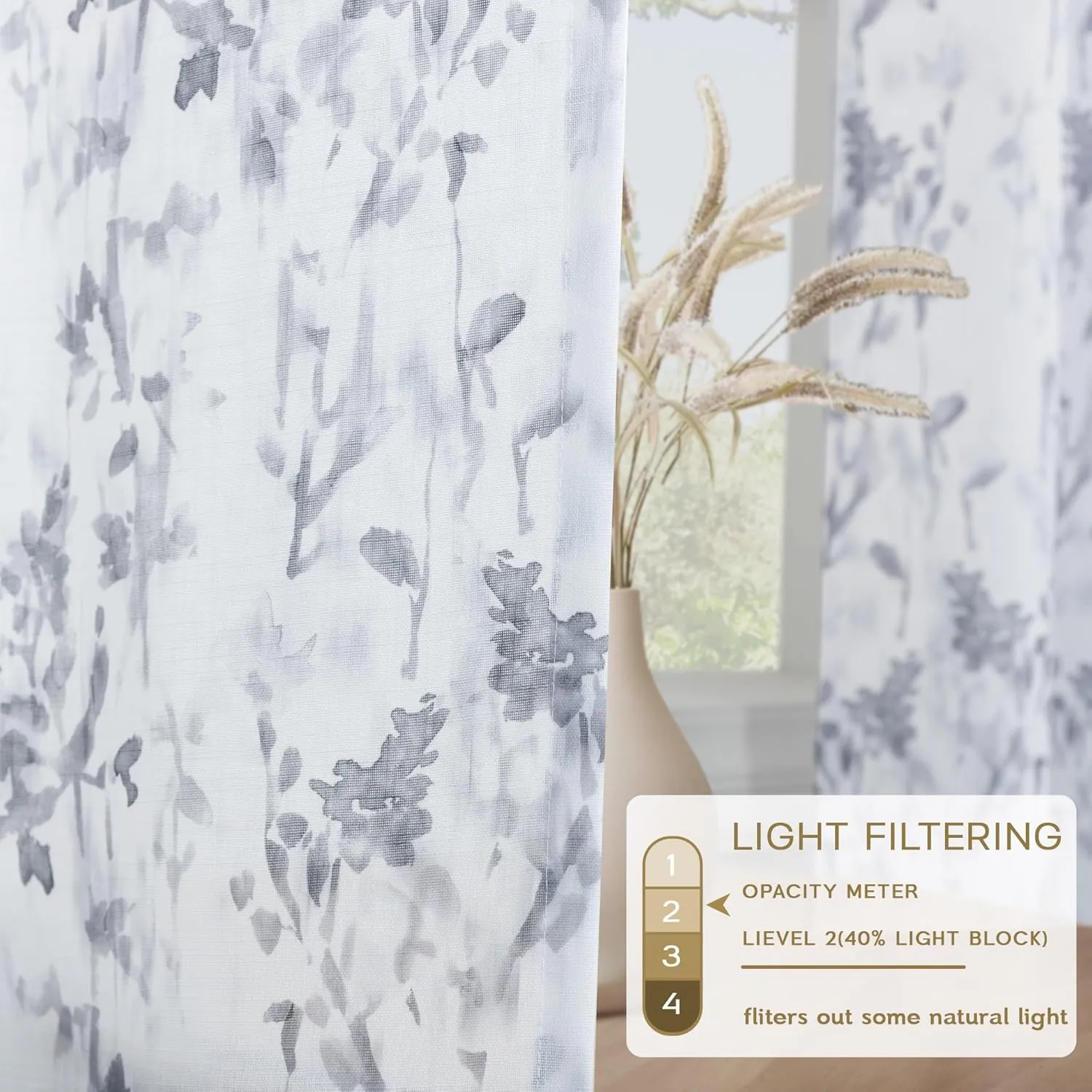 Floral Linen Curtains 108 Inches Long for Living Dining Room White Patterned Curtains Grey Printed Burlap Textured Rustic Farmhouse Country Curtain Extra Long Lilac Flower Drapes 2 Panels Grommet