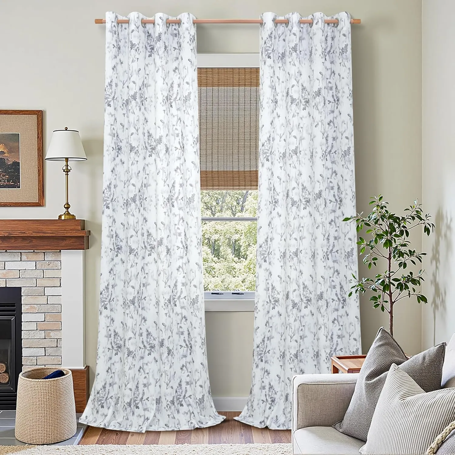 Floral Linen Curtains 108 Inches Long for Living Dining Room White Patterned Curtains Grey Printed Burlap Textured Rustic Farmhouse Country Curtain Extra Long Lilac Flower Drapes 2 Panels Grommet
