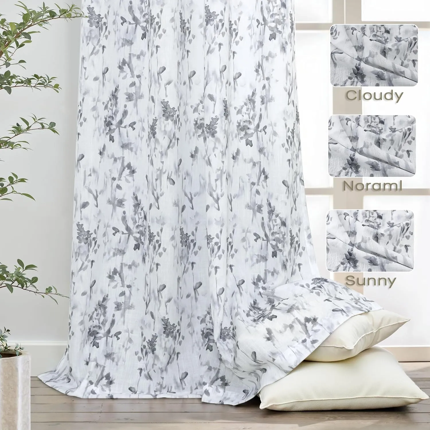 Floral Linen Curtains 108 Inches Long for Living Dining Room White Patterned Curtains Grey Printed Burlap Textured Rustic Farmhouse Country Curtain Extra Long Lilac Flower Drapes 2 Panels Grommet